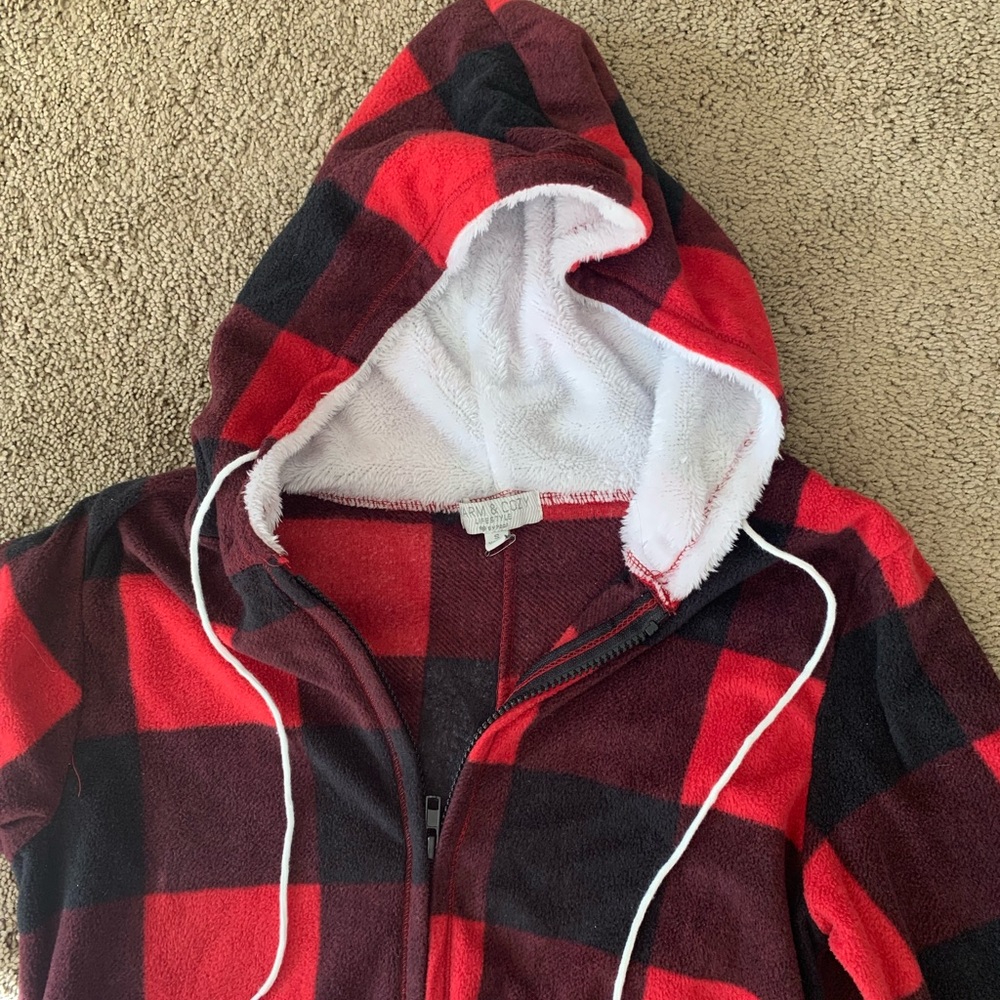 Red and black zip up “flannel” with hood onesie - Size Small